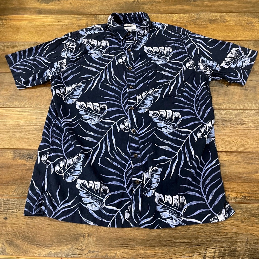 Croft & Barrow Mens Large Tall Blue Tropical Leaf Linen Blend Button Down Shirt